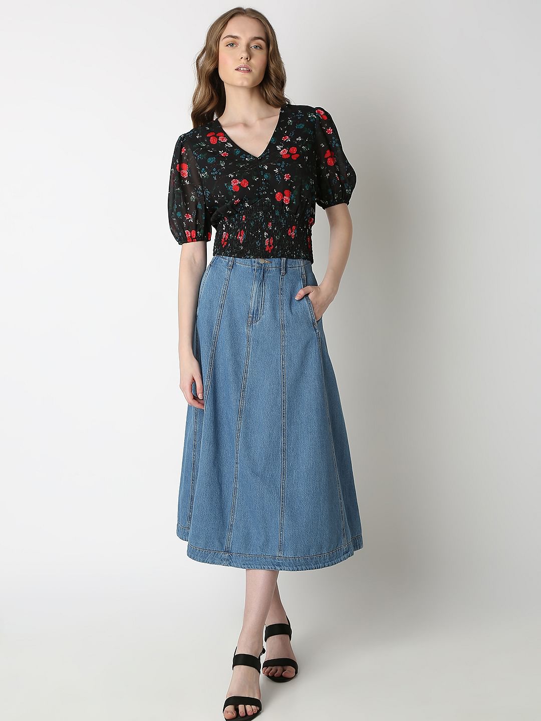 Black Printed Smocked Top