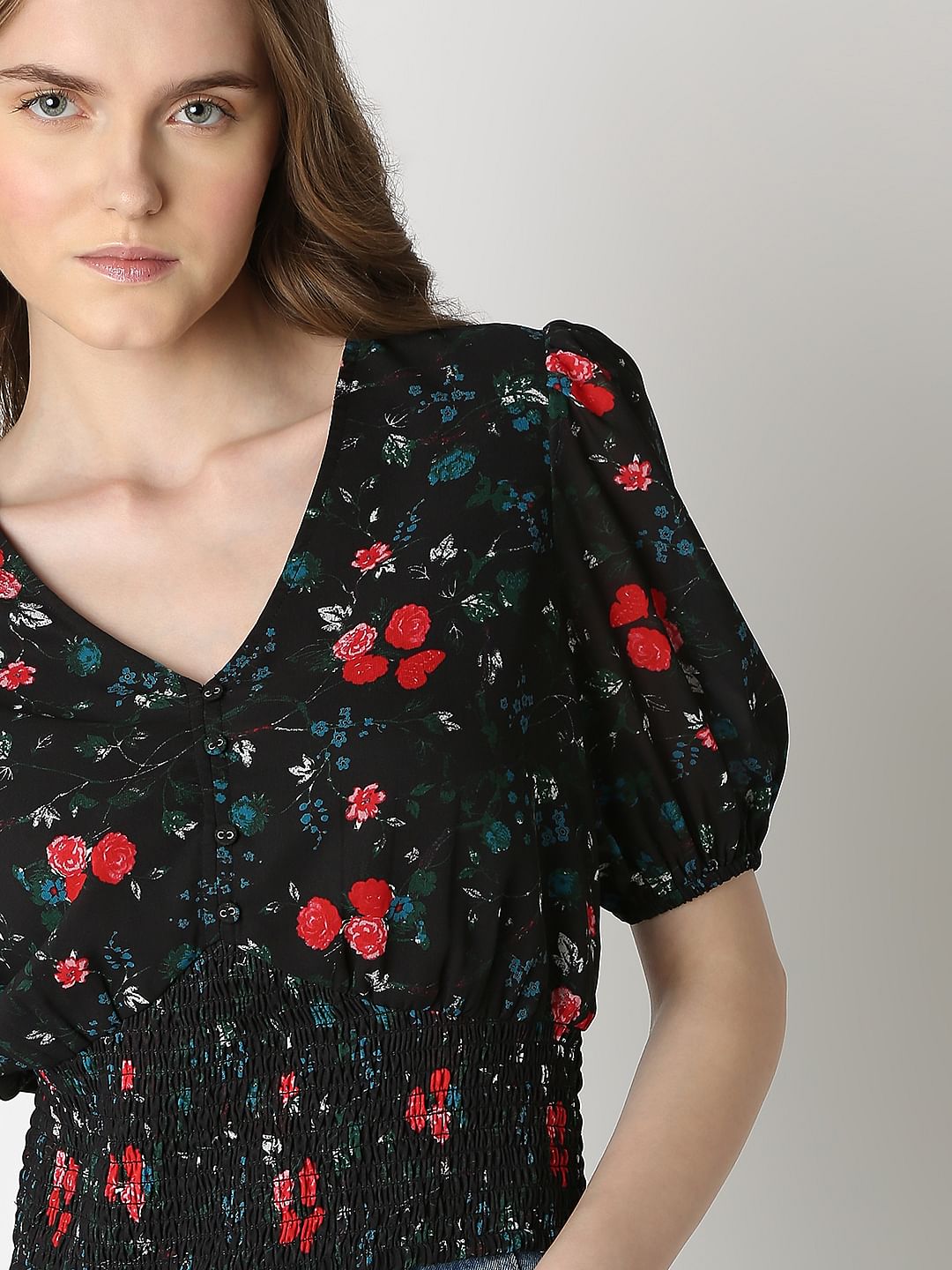 Black Printed Smocked Top