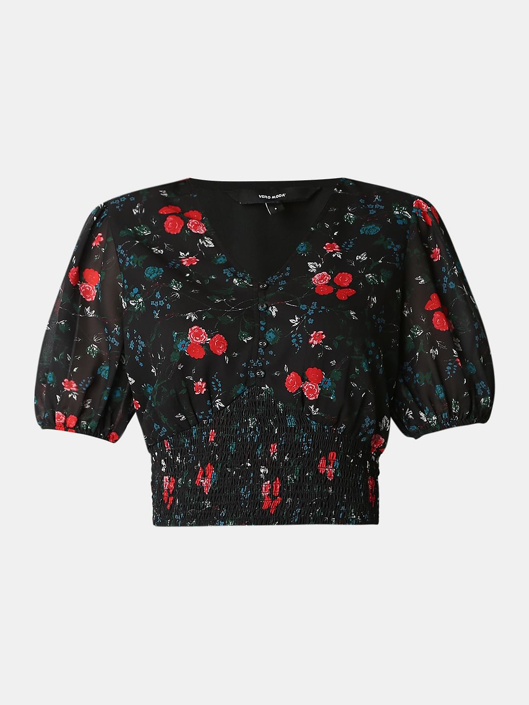 Black Printed Smocked Top