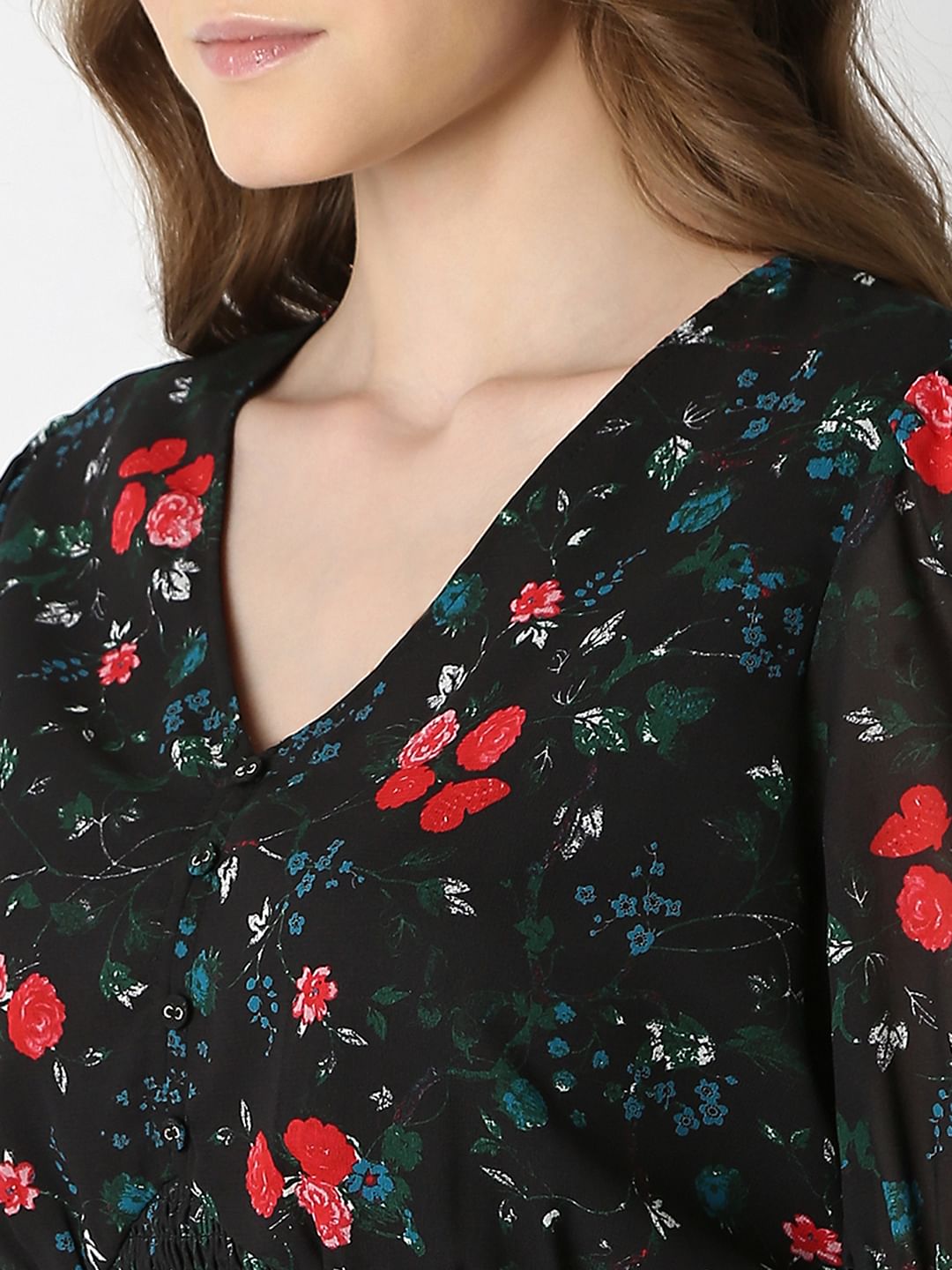 Black Printed Smocked Top