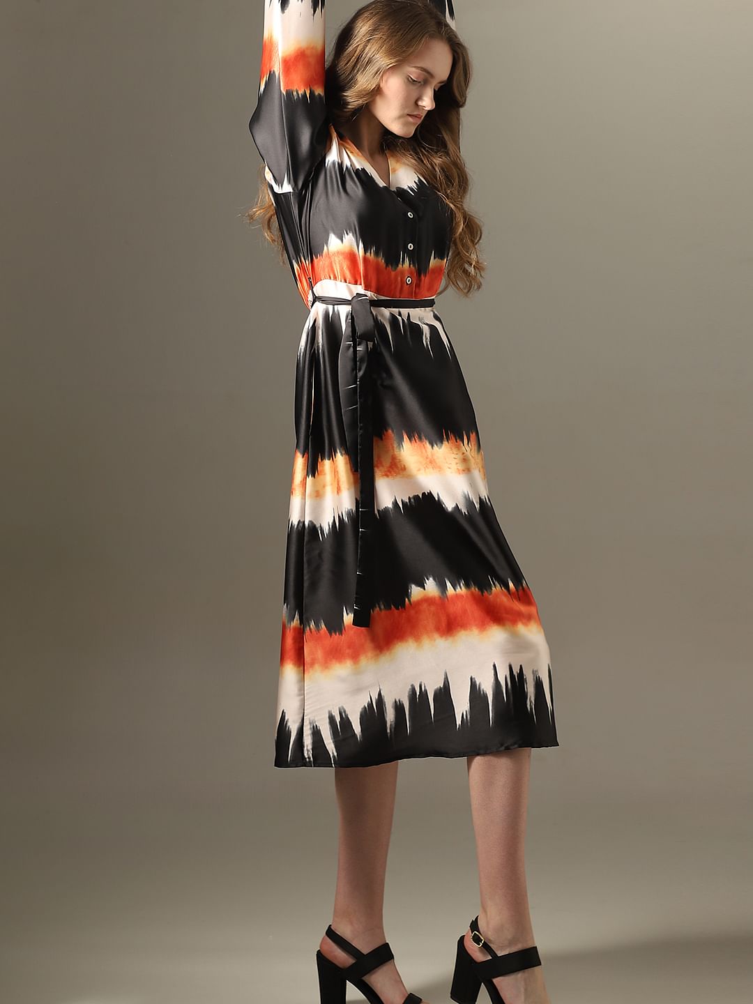 Black Watercolour Printed Midi Dress