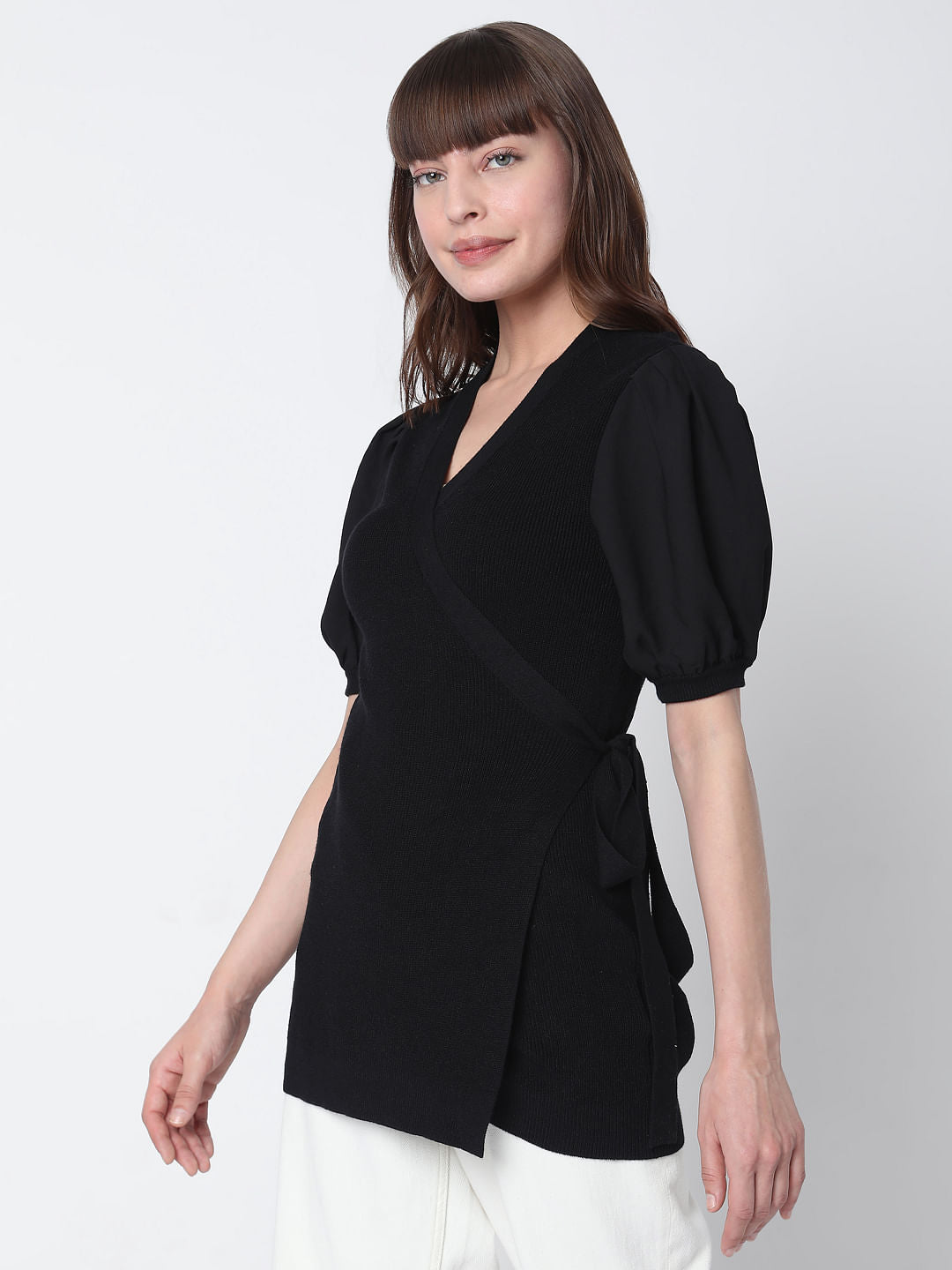 Black Ribbed Puff Sleeves Top