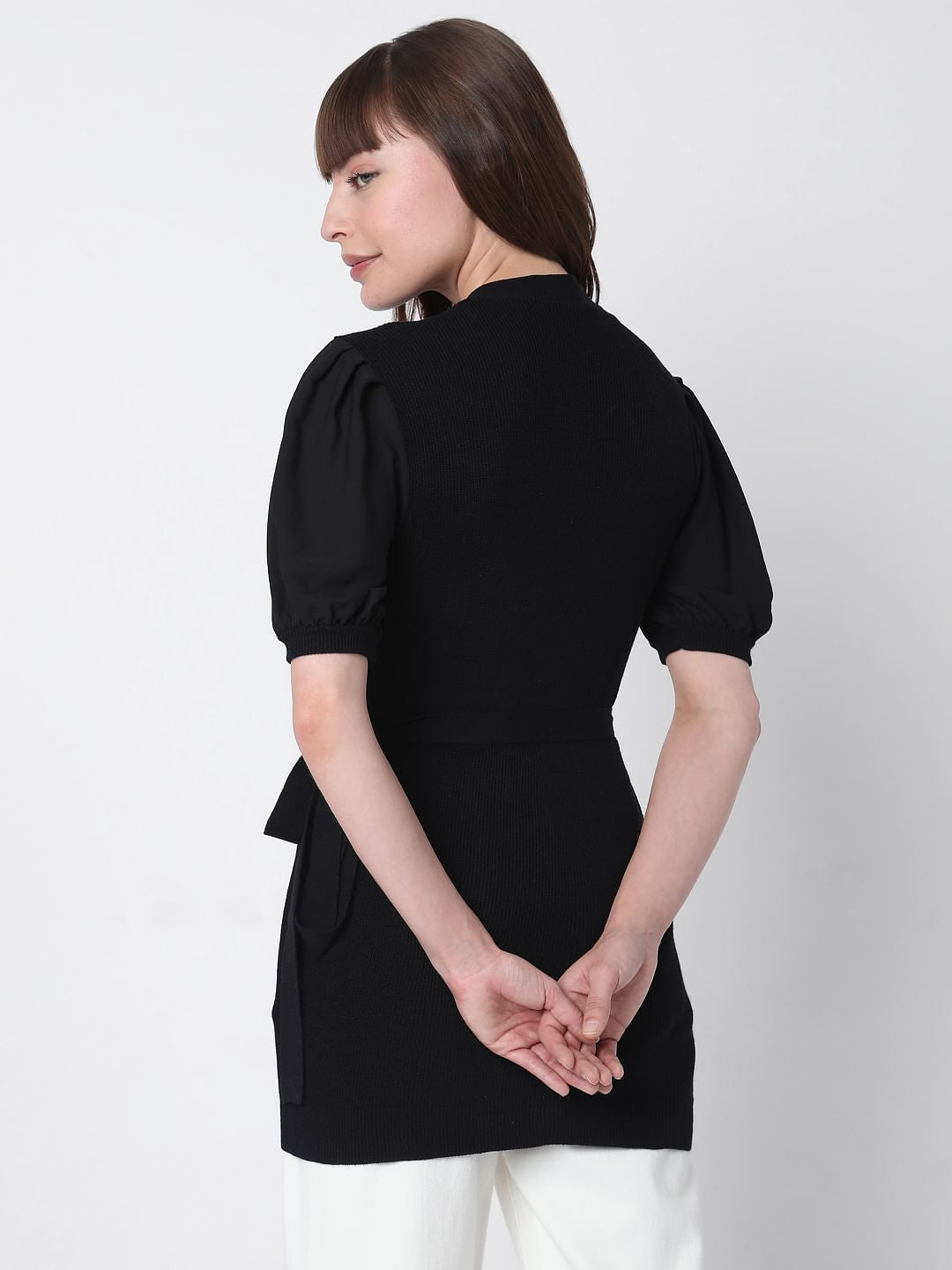 Black Ribbed Puff Sleeves Top