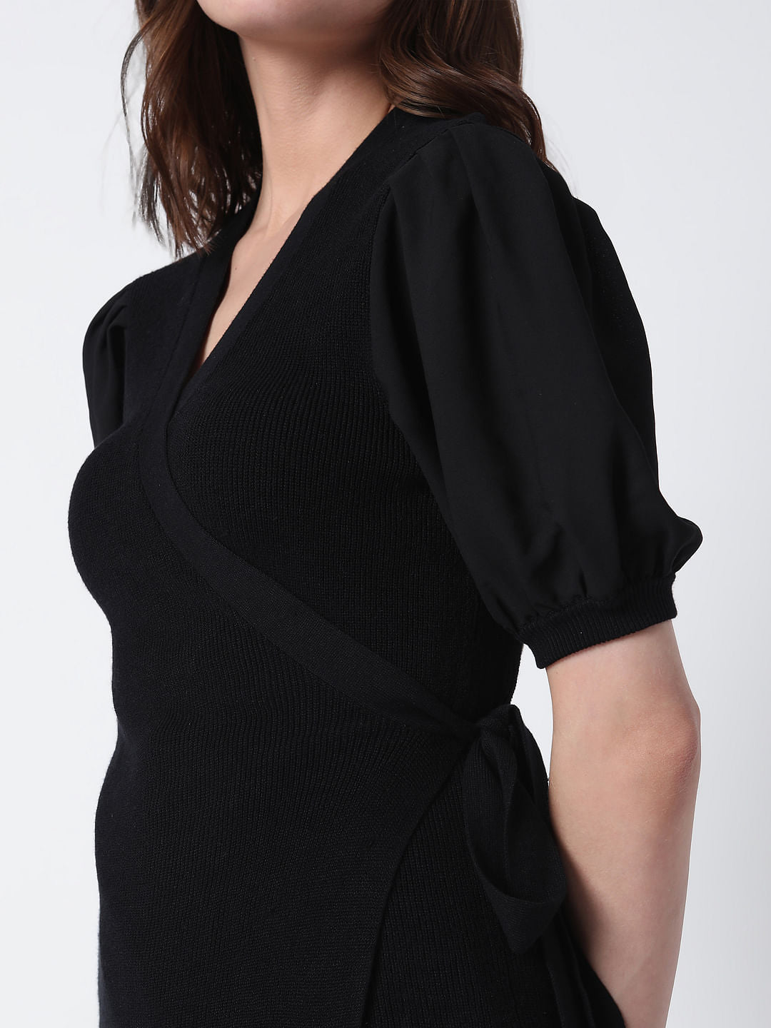 Black Ribbed Puff Sleeves Top