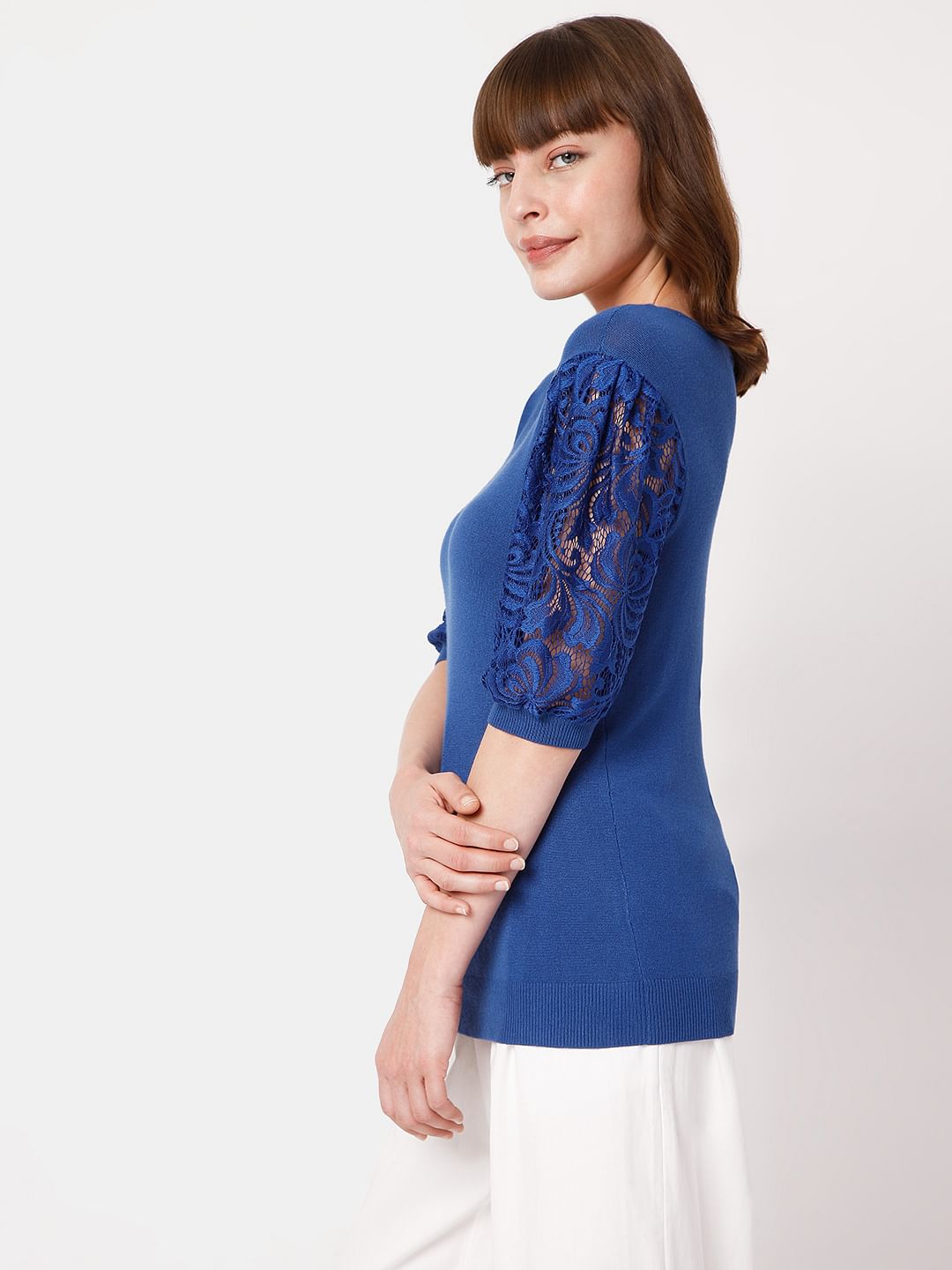 Blue Lace Sleeves Top