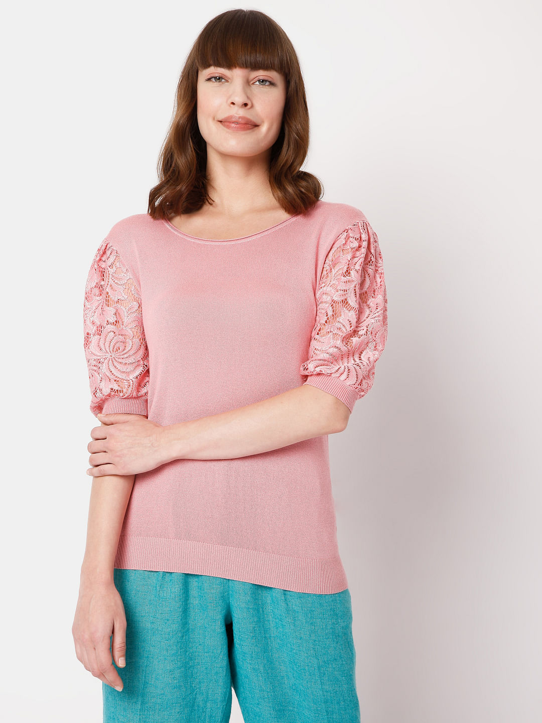 Pink Lace Sleeves Top