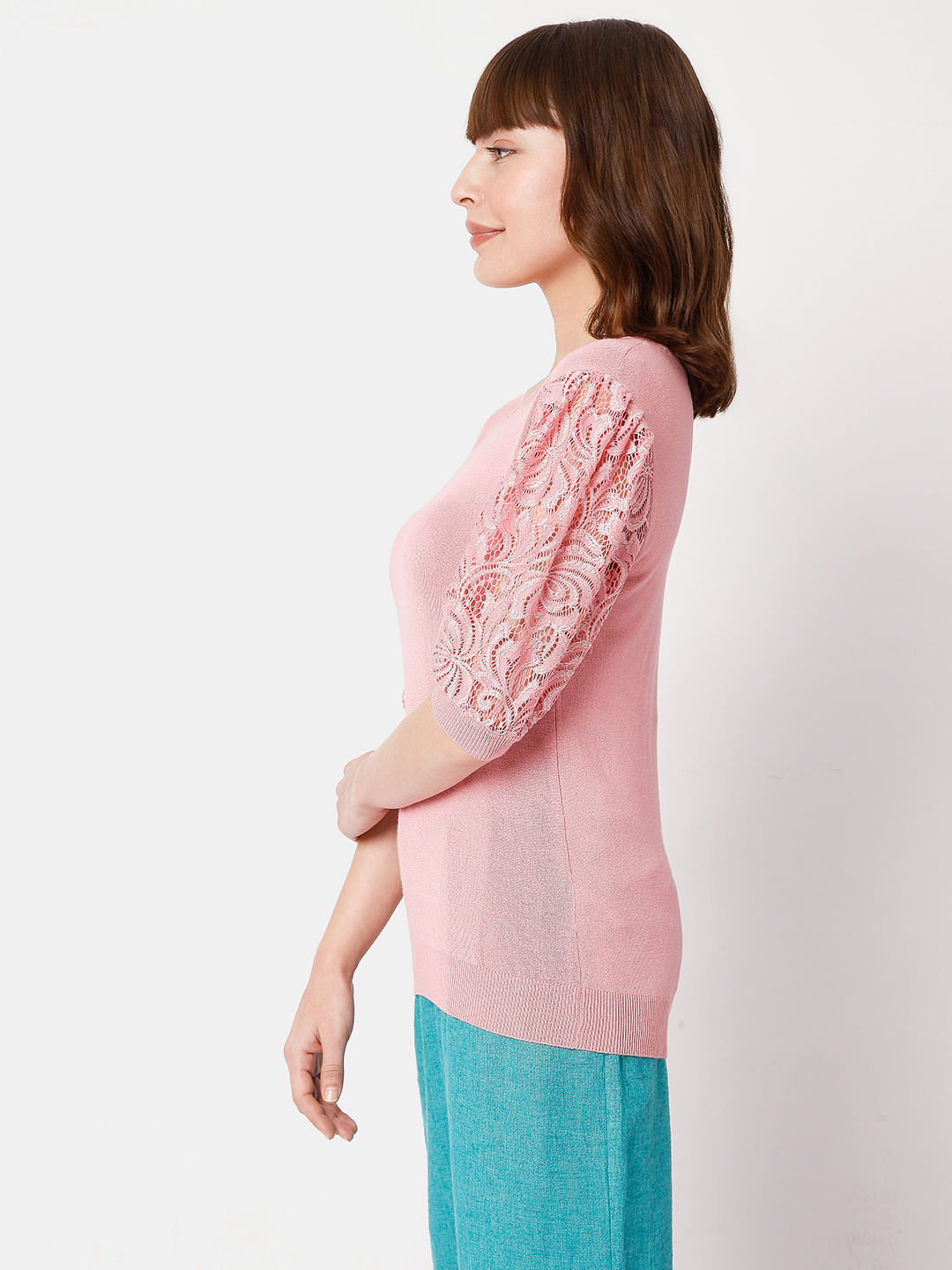 Pink Lace Sleeves Top