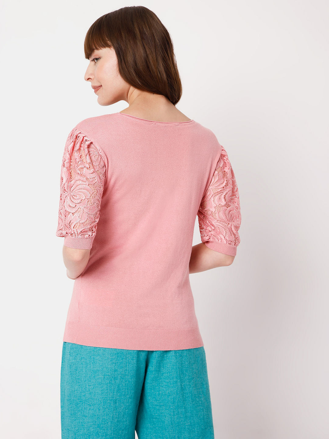 Pink Lace Sleeves Top
