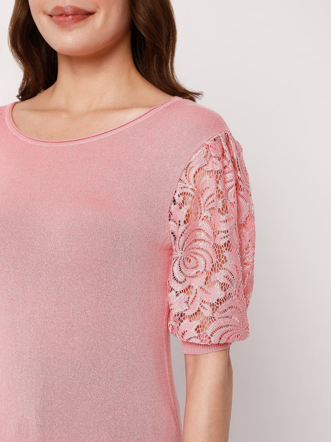Pink Lace Sleeves Top