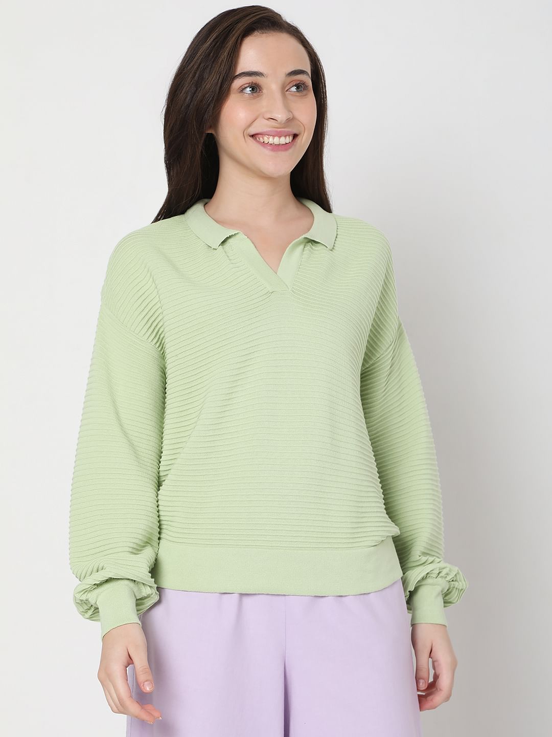 Light Green Striped Co-Ord Set Polo T-Shirt