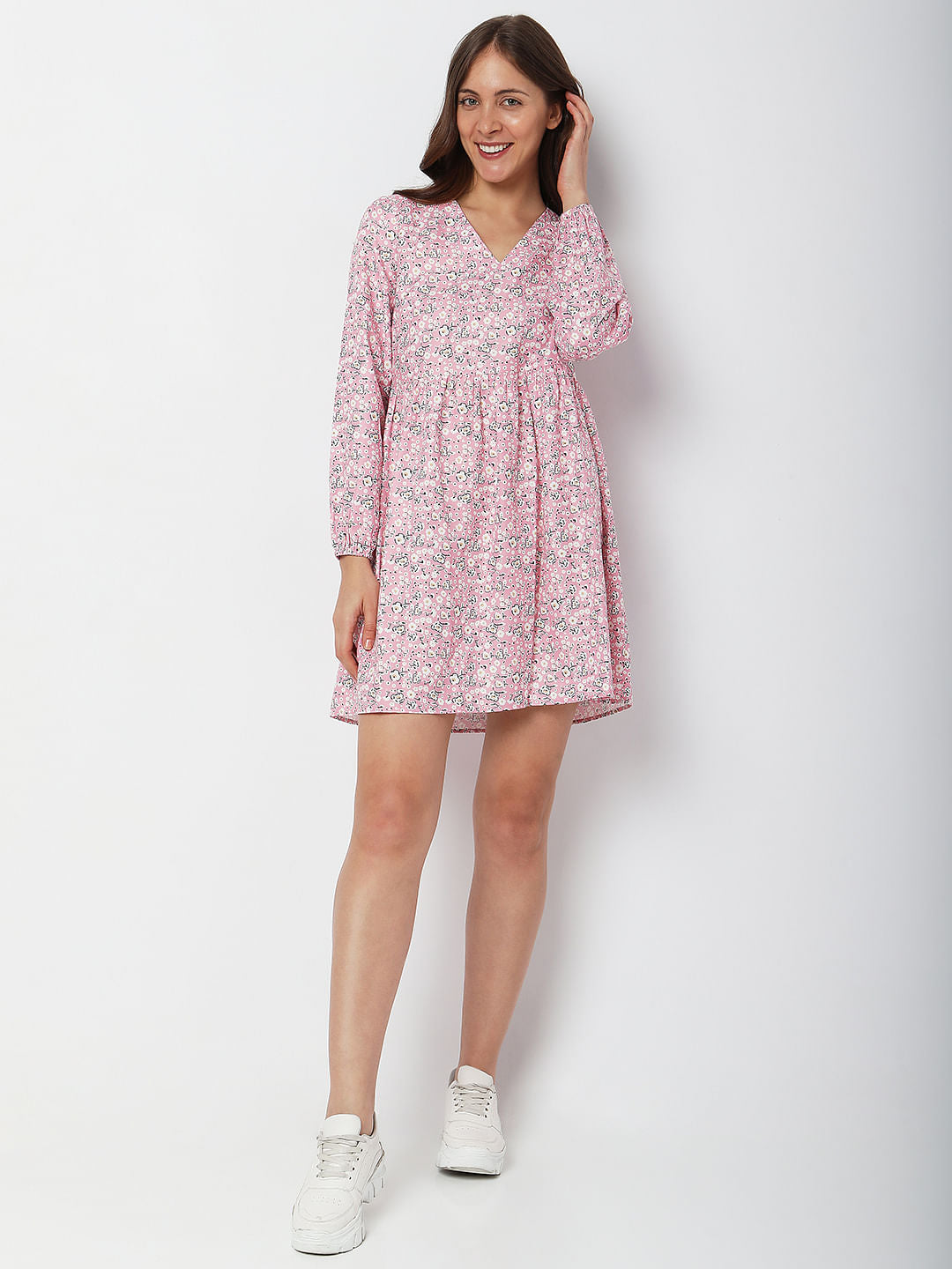 Pink Floral Print Mini Dress