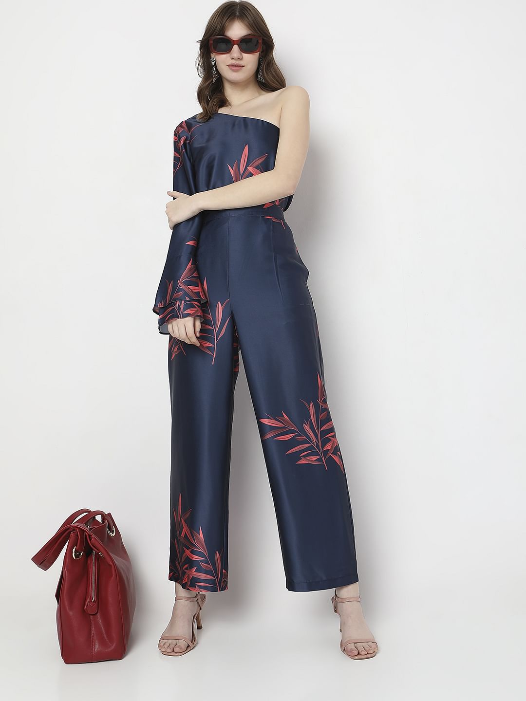 Navy Blue High Rise Floral Co-Ord Set Pants