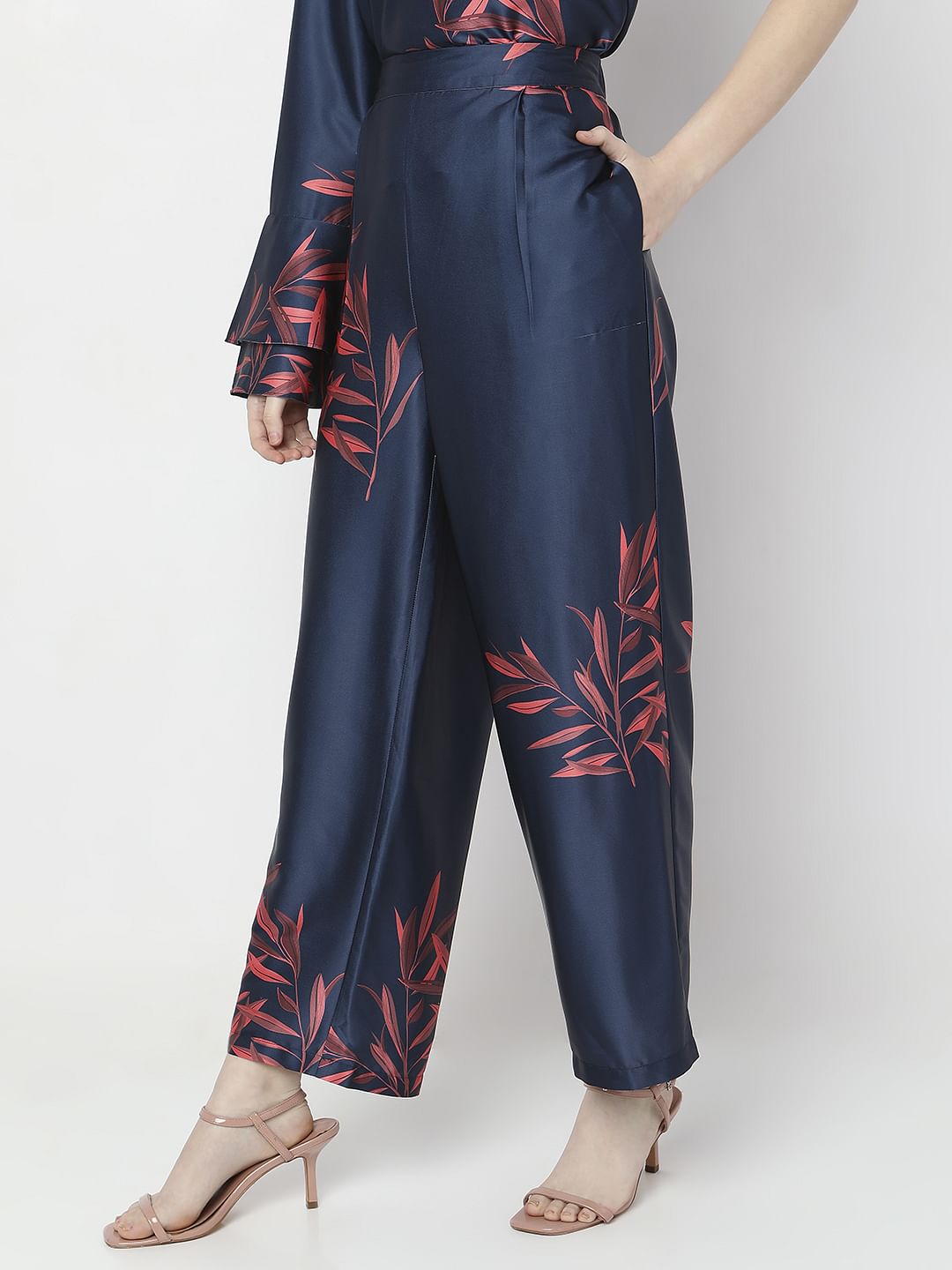 Navy Blue High Rise Floral Co-Ord Set Pants