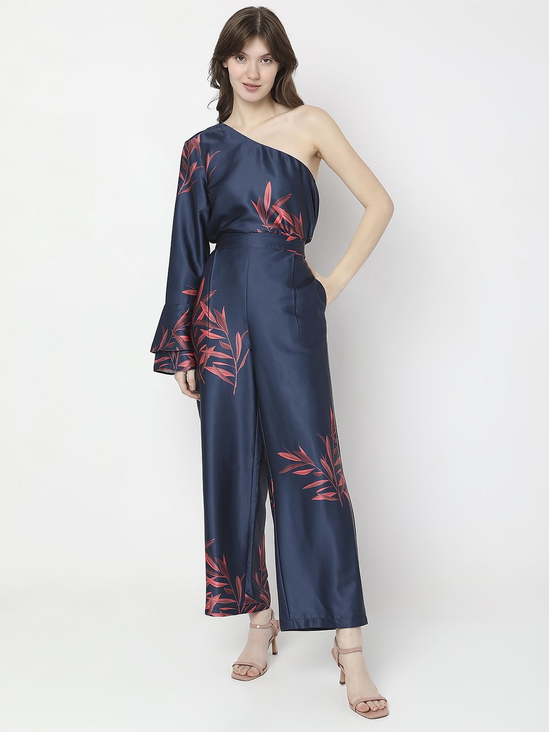 Navy Blue High Rise Floral Co-Ord Set Pants