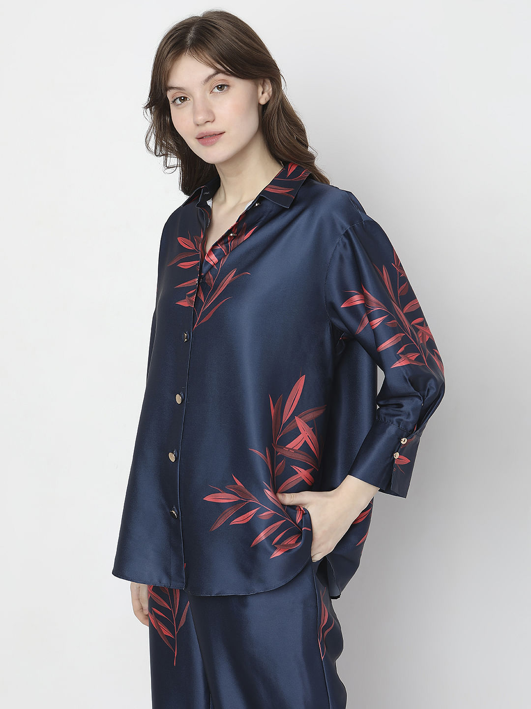 Navy Blue Floral Satin Co-Ord Set Shirt