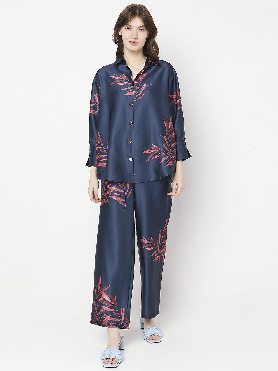 Navy Blue Floral Satin Co-Ord Set Shirt
