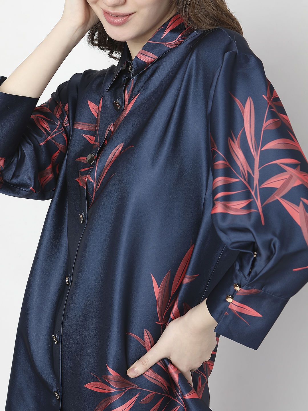 Navy Blue Floral Satin Co-Ord Set Shirt