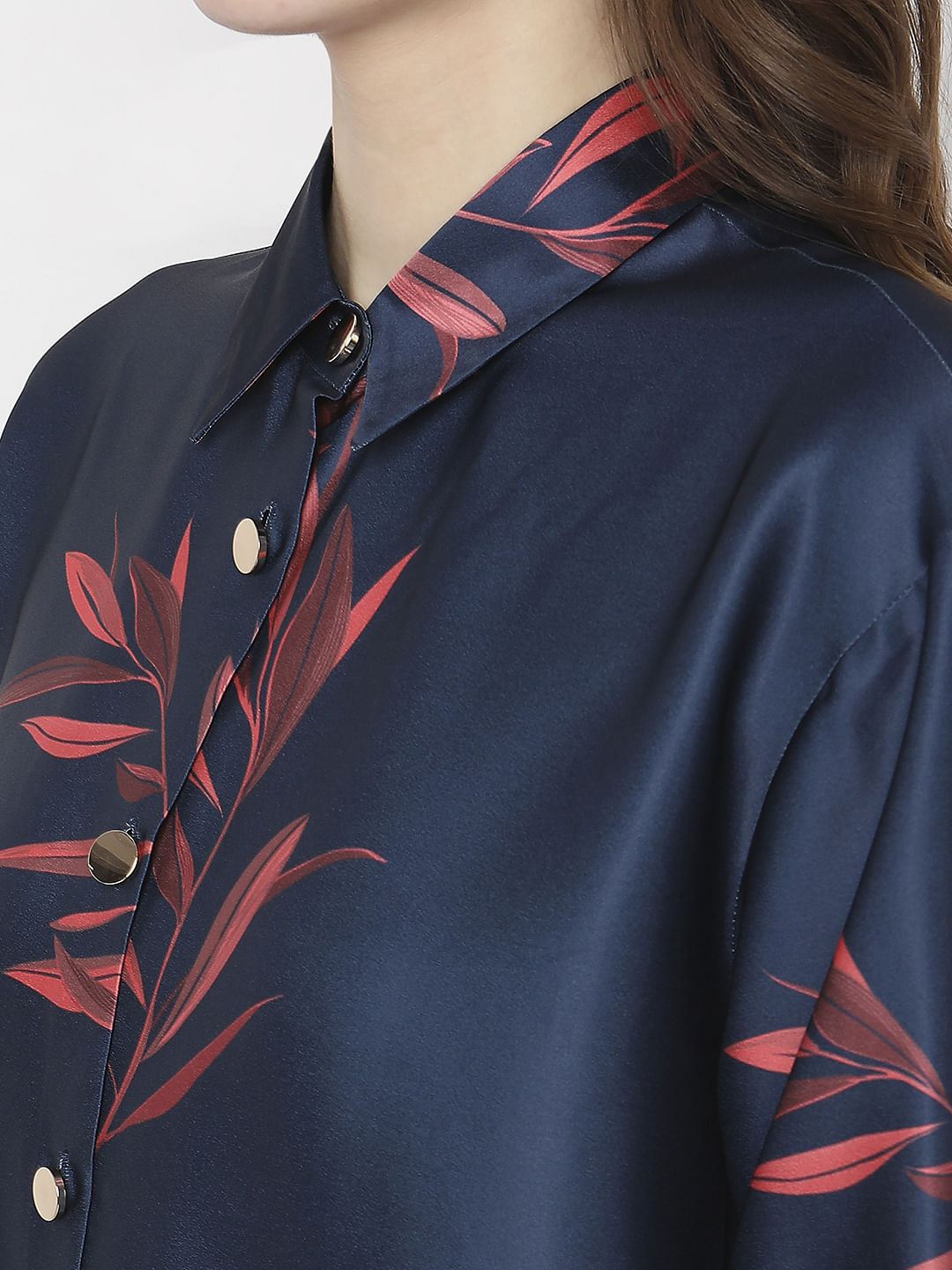 Navy Blue Floral Satin Co-Ord Set Shirt