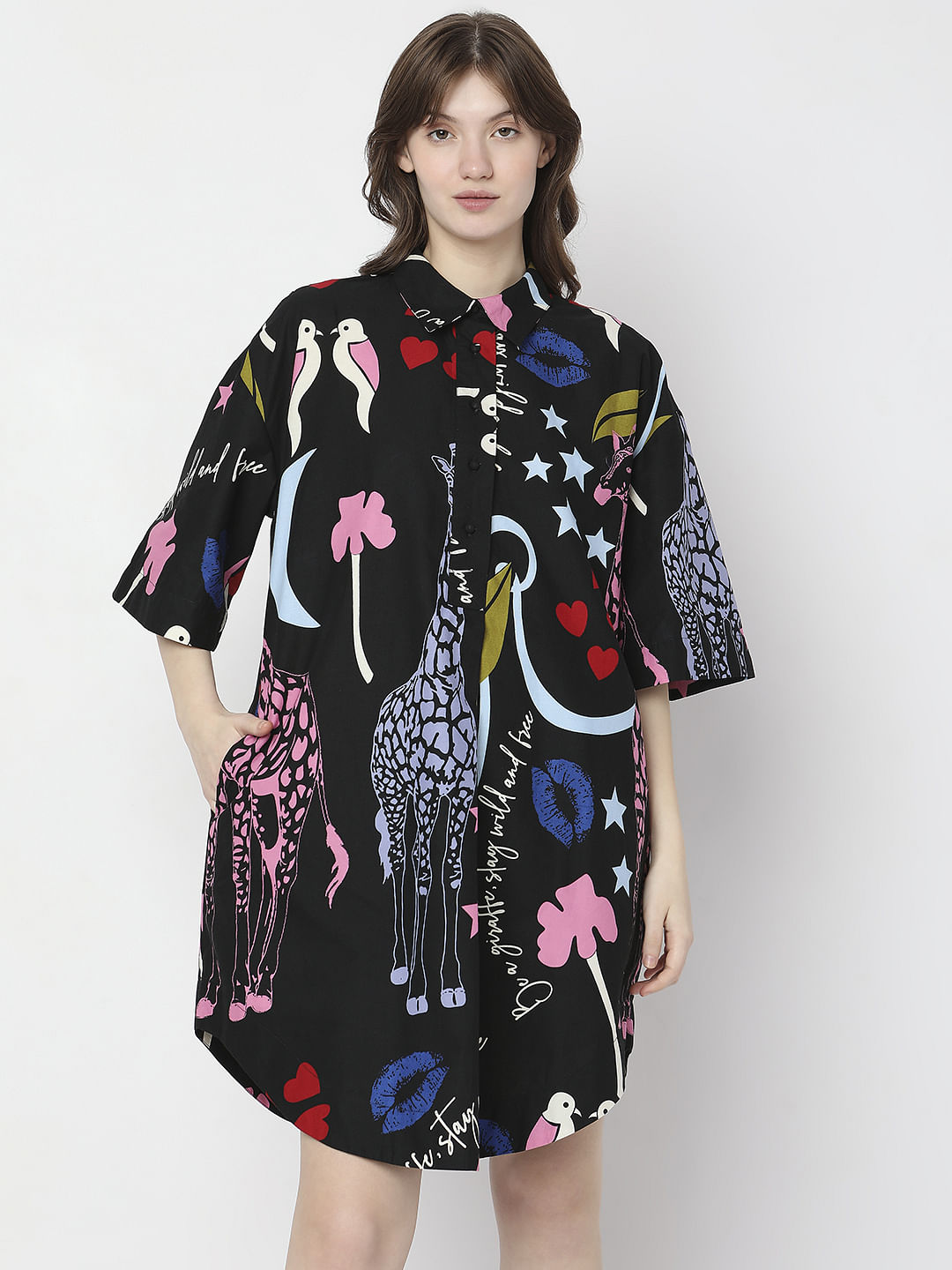 Black All Over Printed Shirt Dress