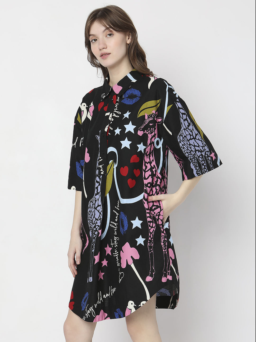 Black All Over Printed Shirt Dress