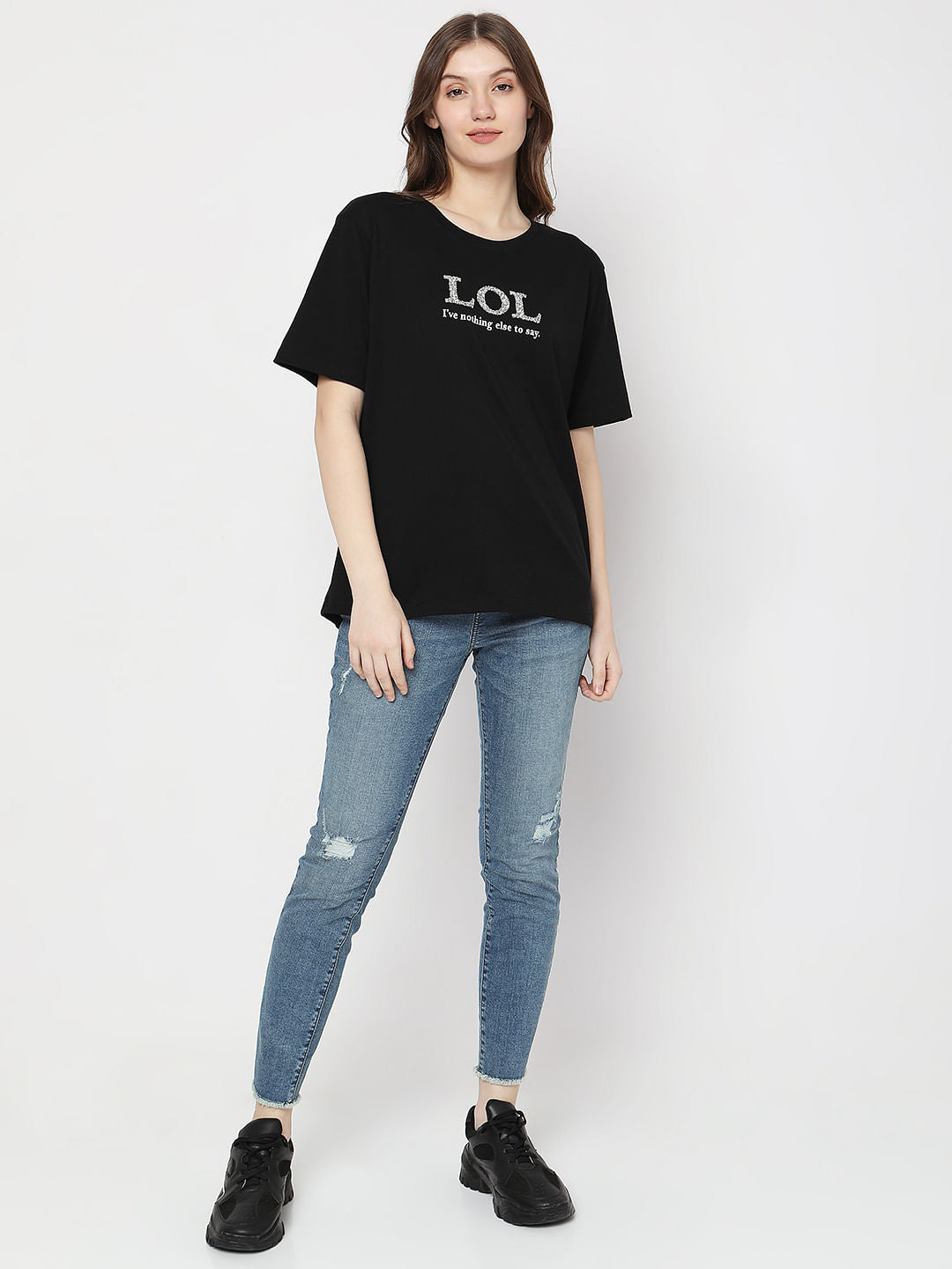 Black Embellished Text Print T-Shirt