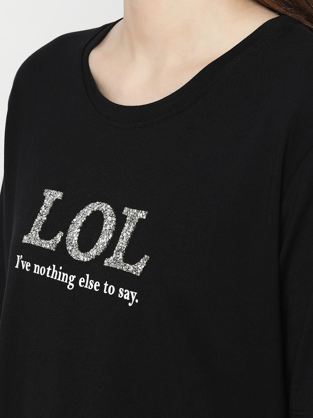 Black Embellished Text Print T-Shirt