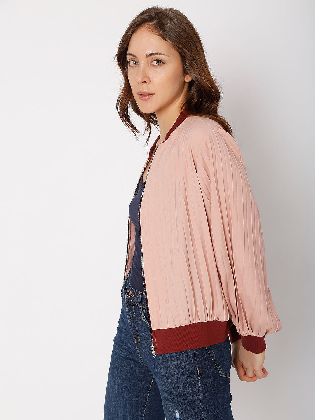 Pink Pleated Bomber Jacket
