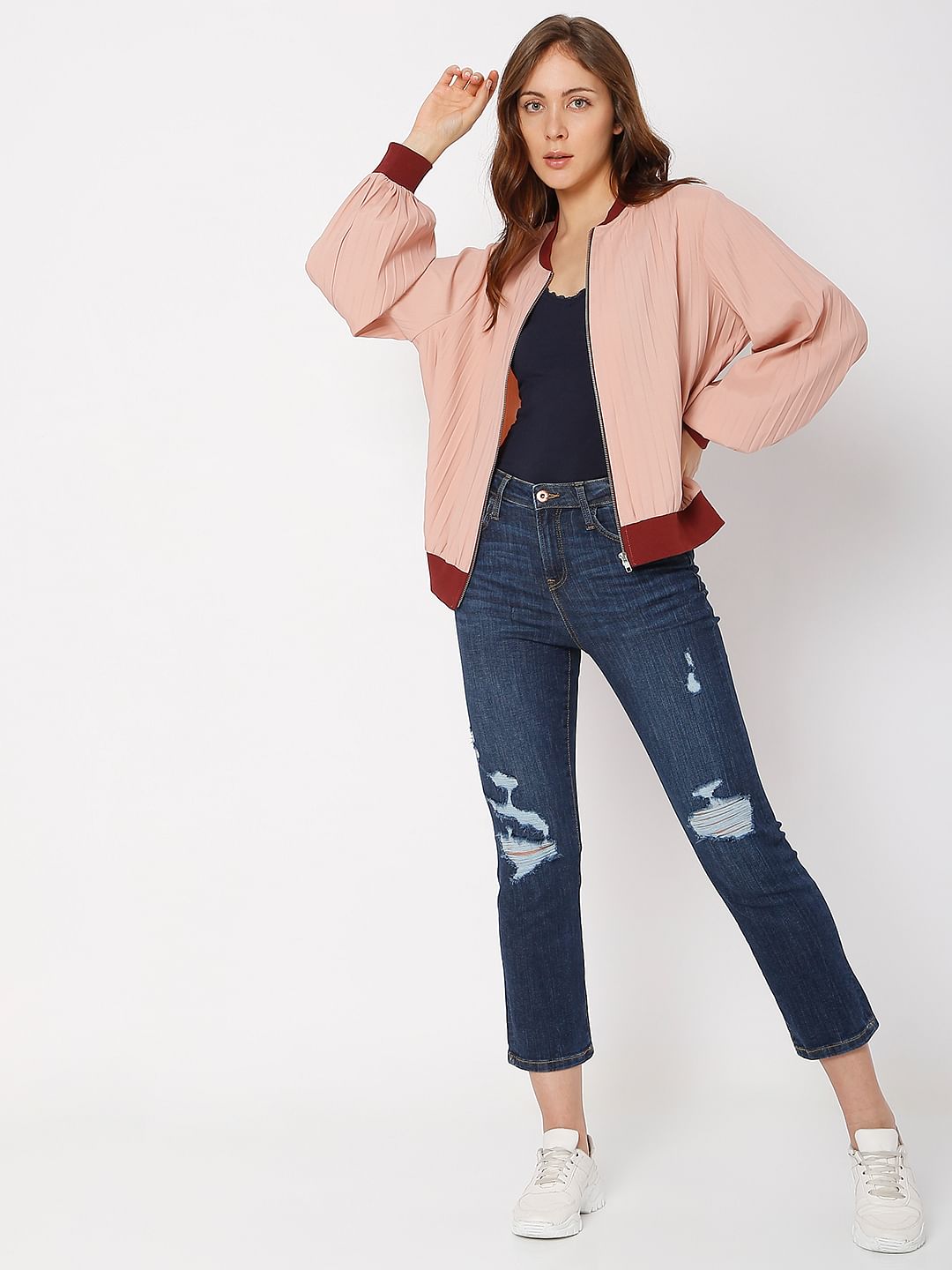 Pink Pleated Bomber Jacket
