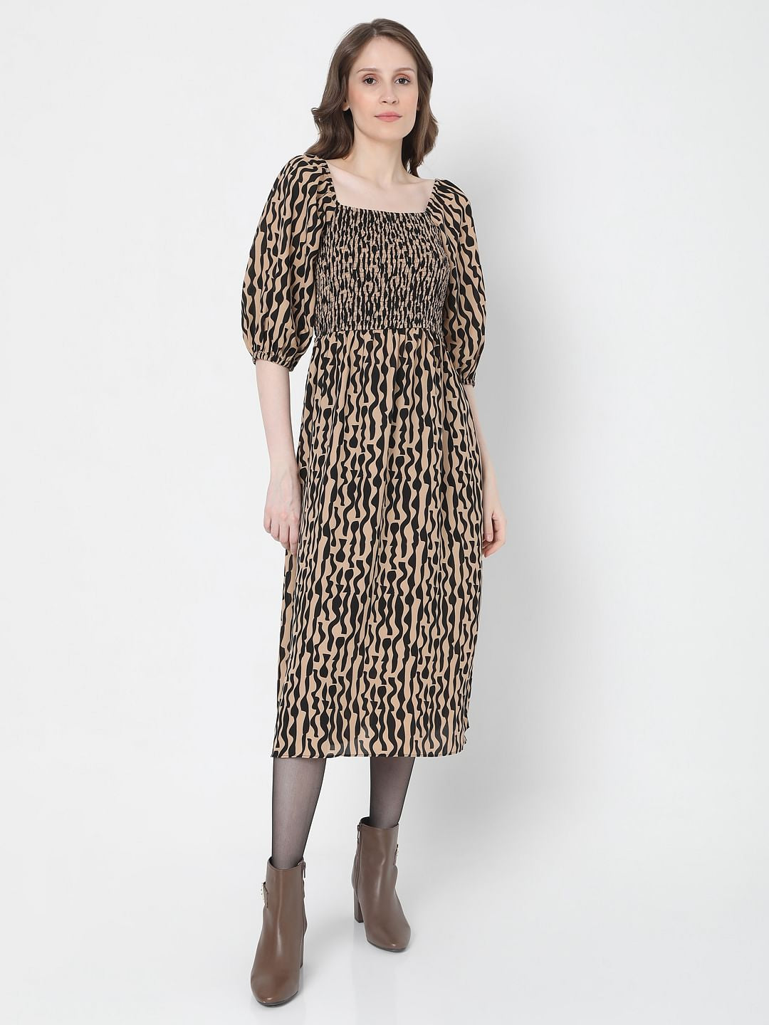 Brown Abstract Print Midi Dress