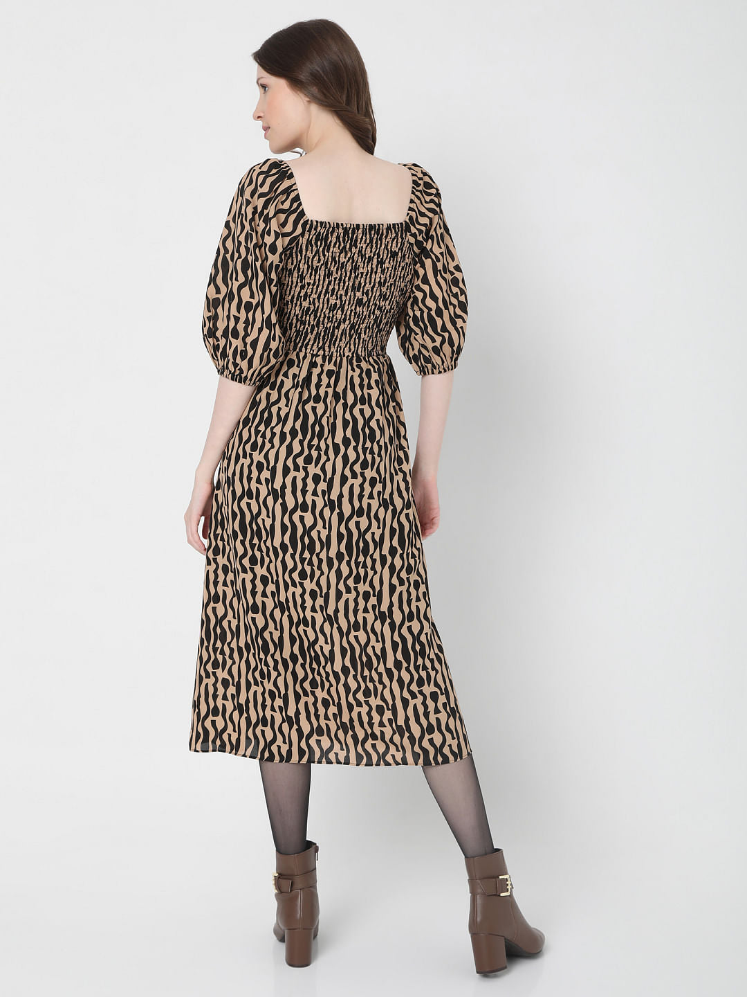 Brown Abstract Print Midi Dress