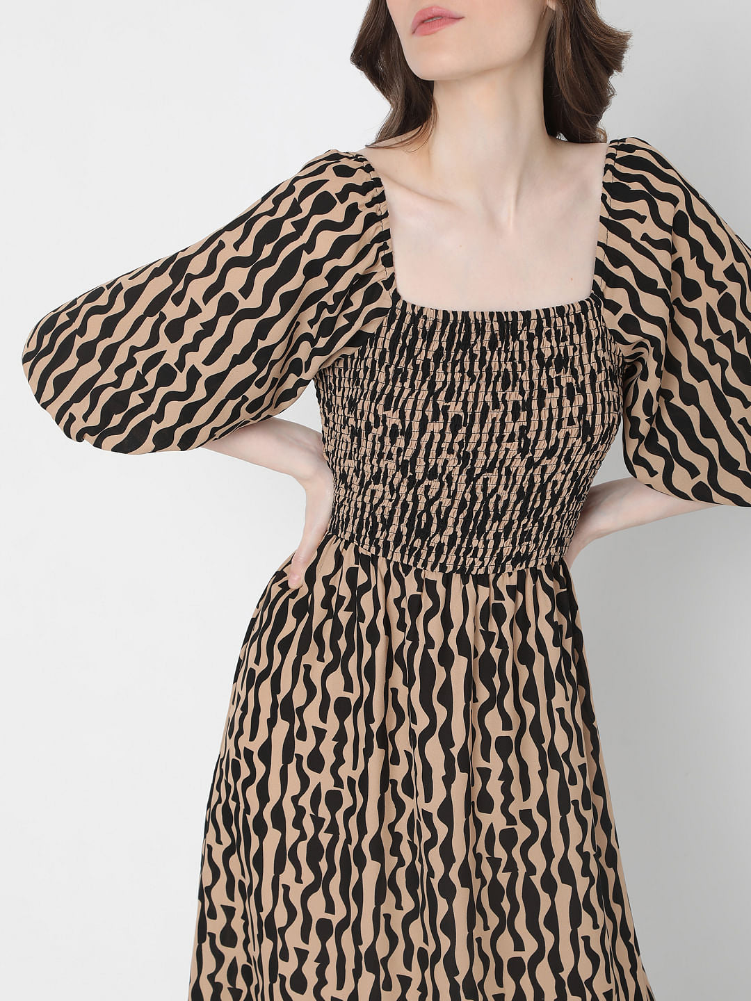 Brown Abstract Print Midi Dress