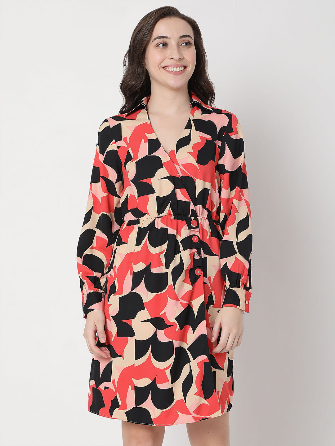 Beige Abstract Print Fit & Flare Dress