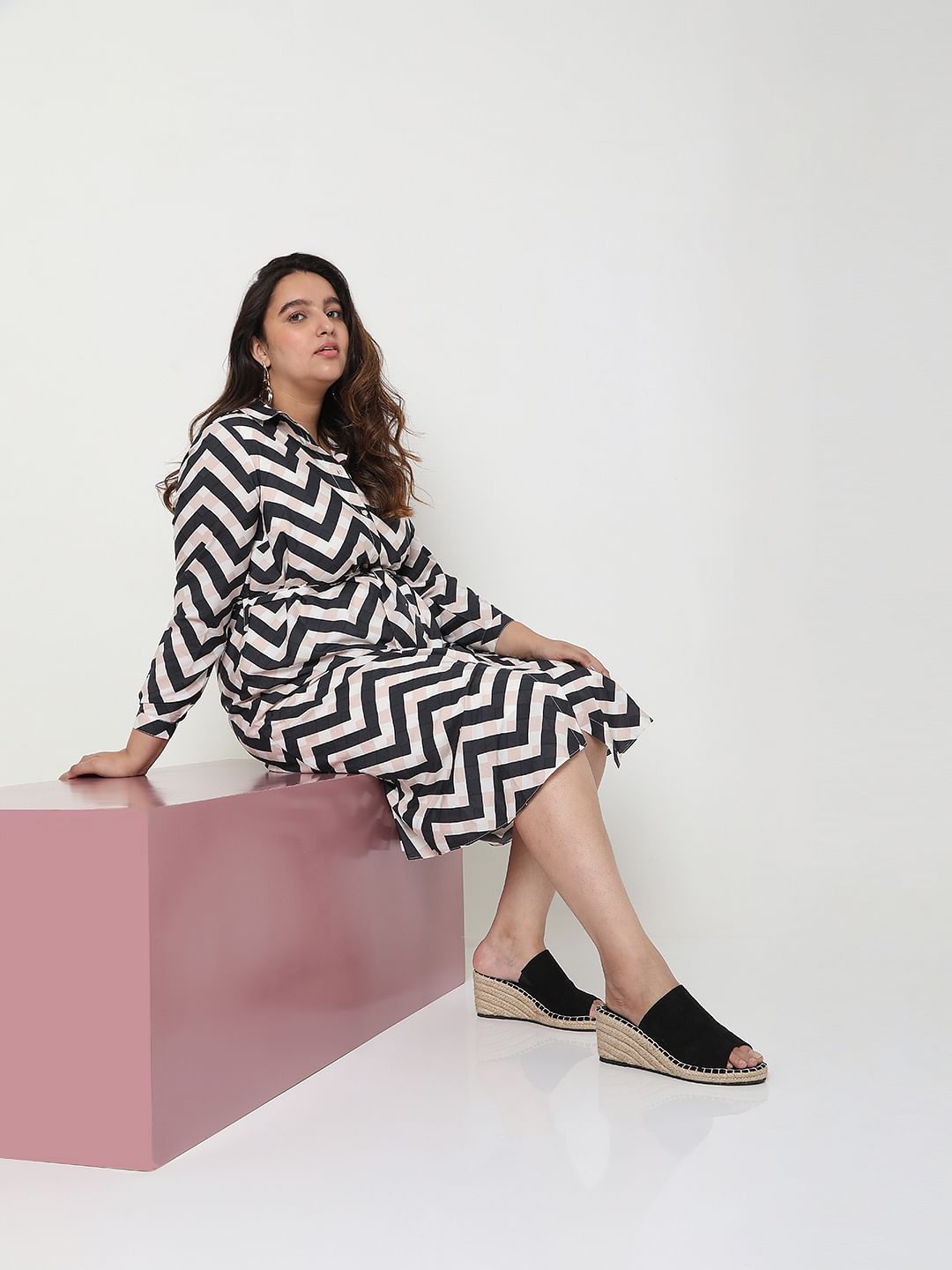 Curve Black Chevron Print Shirt Dress