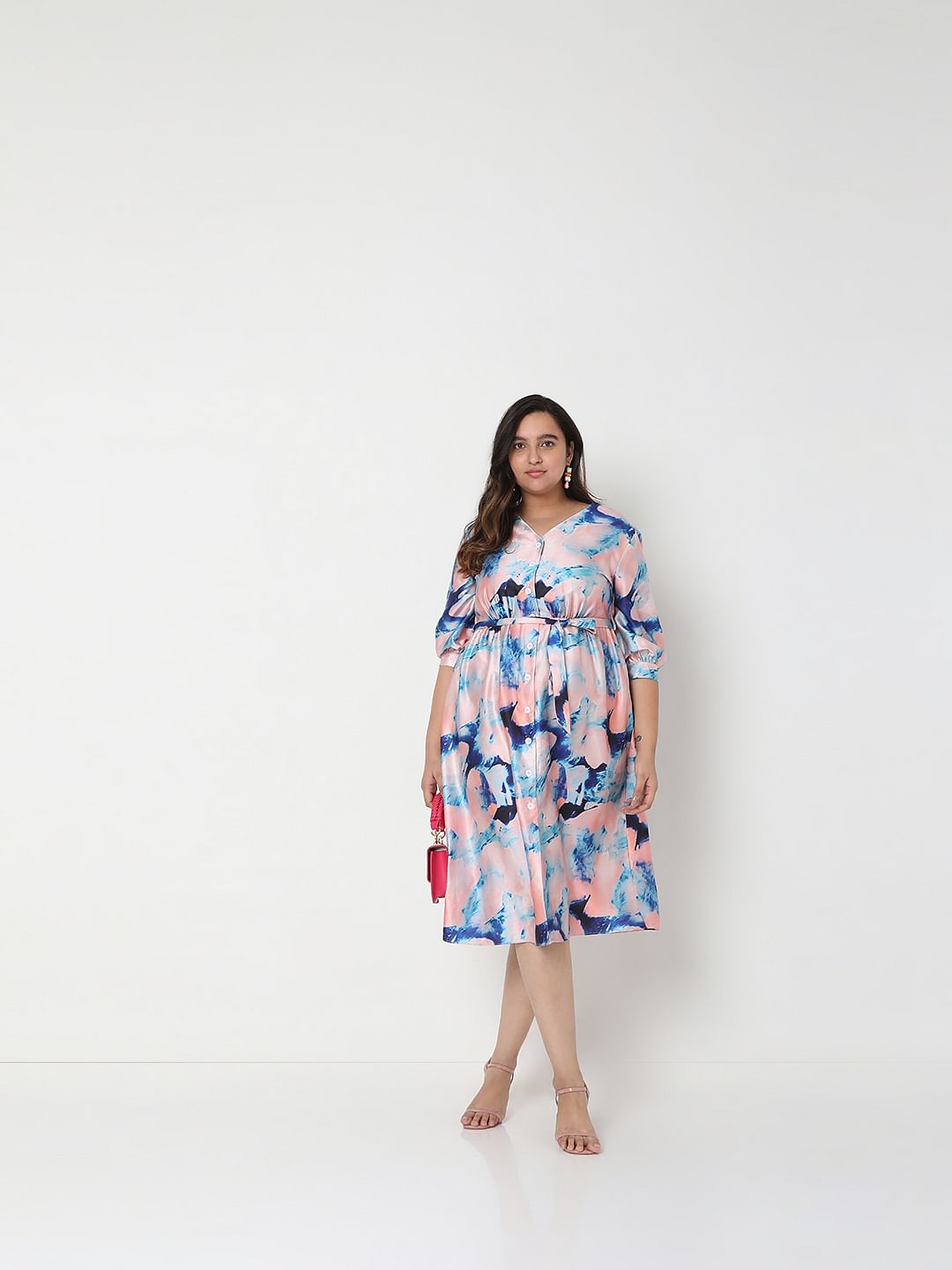 Curve Pink Marble Print Midi Dress