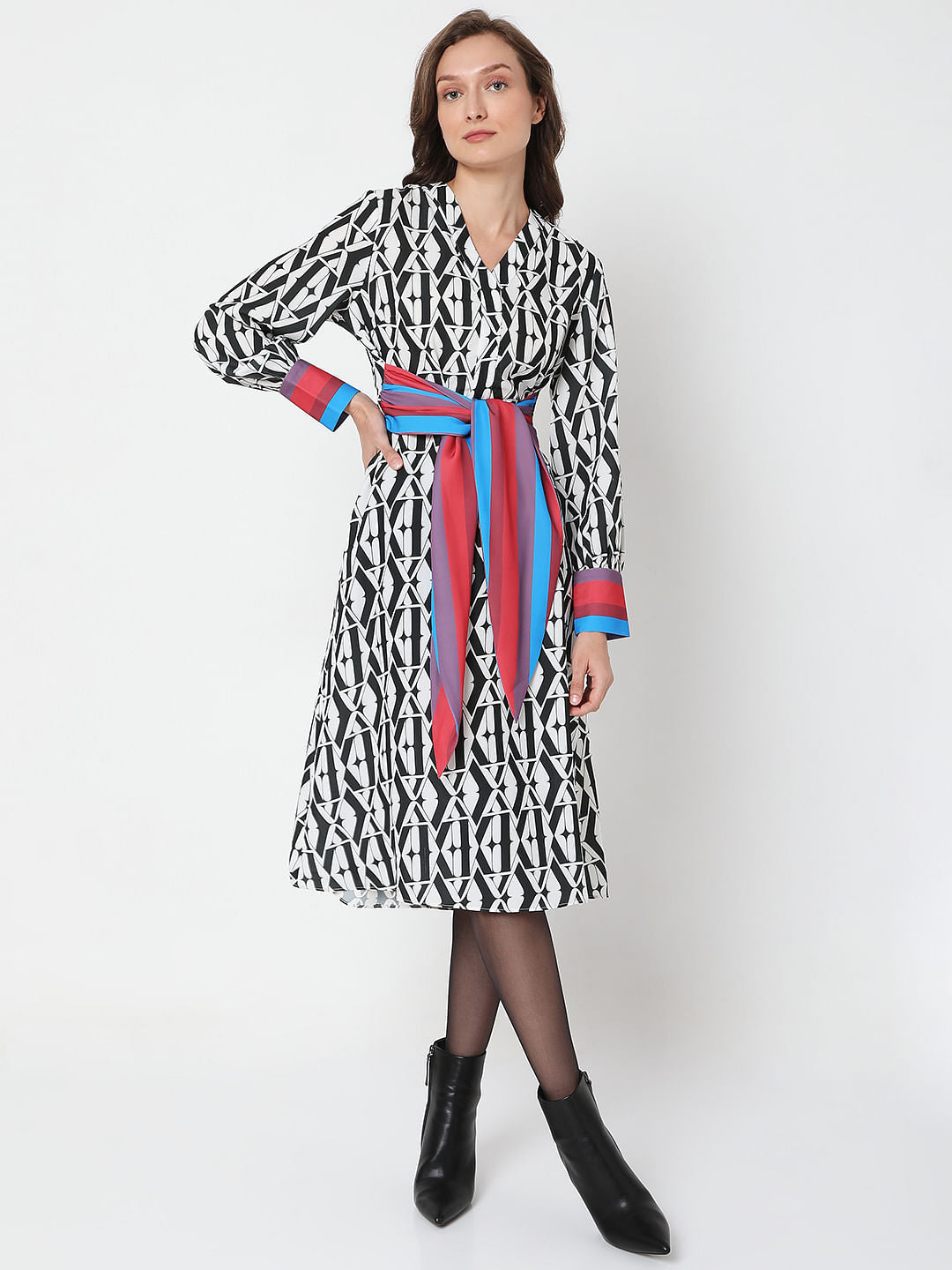 White Typographic Print Midi Dress