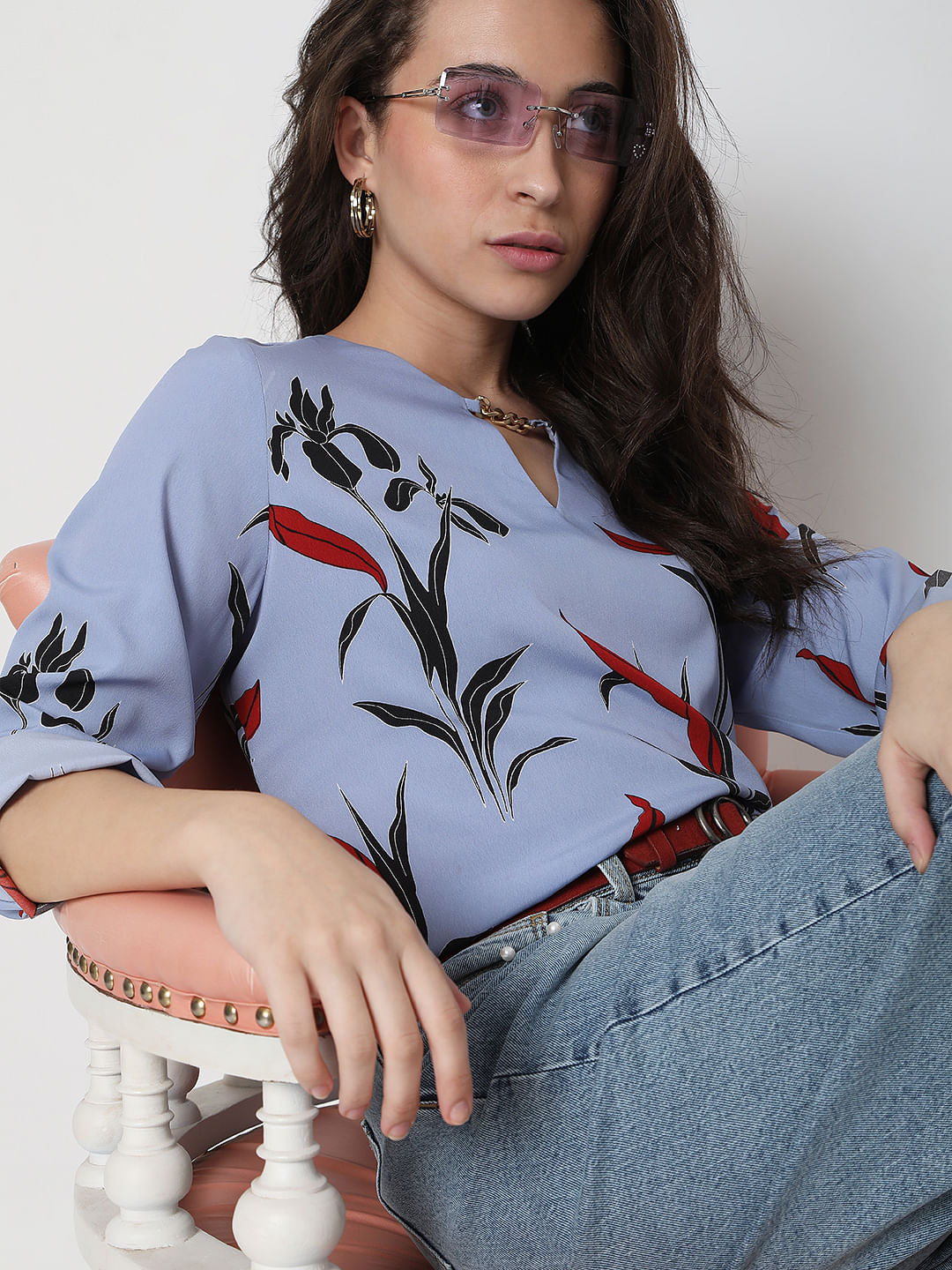 Blue Floral Print Top