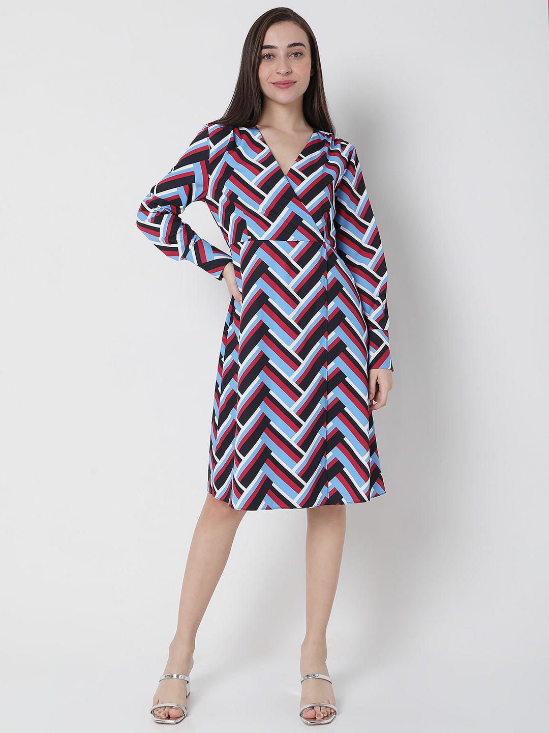 Blue Chevron Print Midi Dress