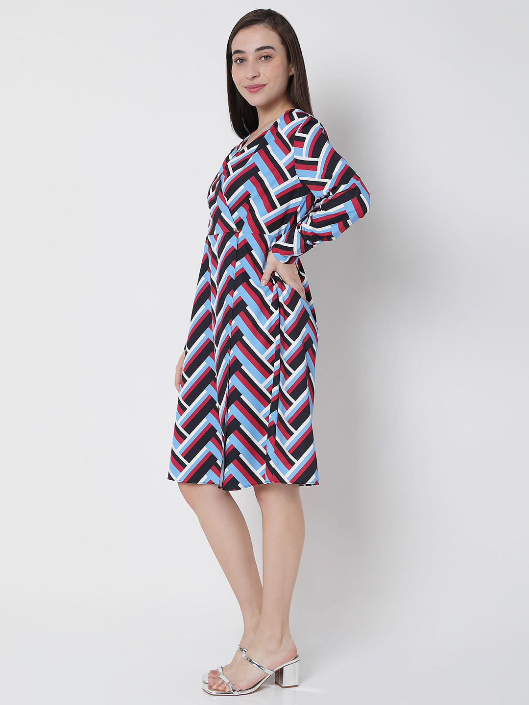 Blue Chevron Print Midi Dress