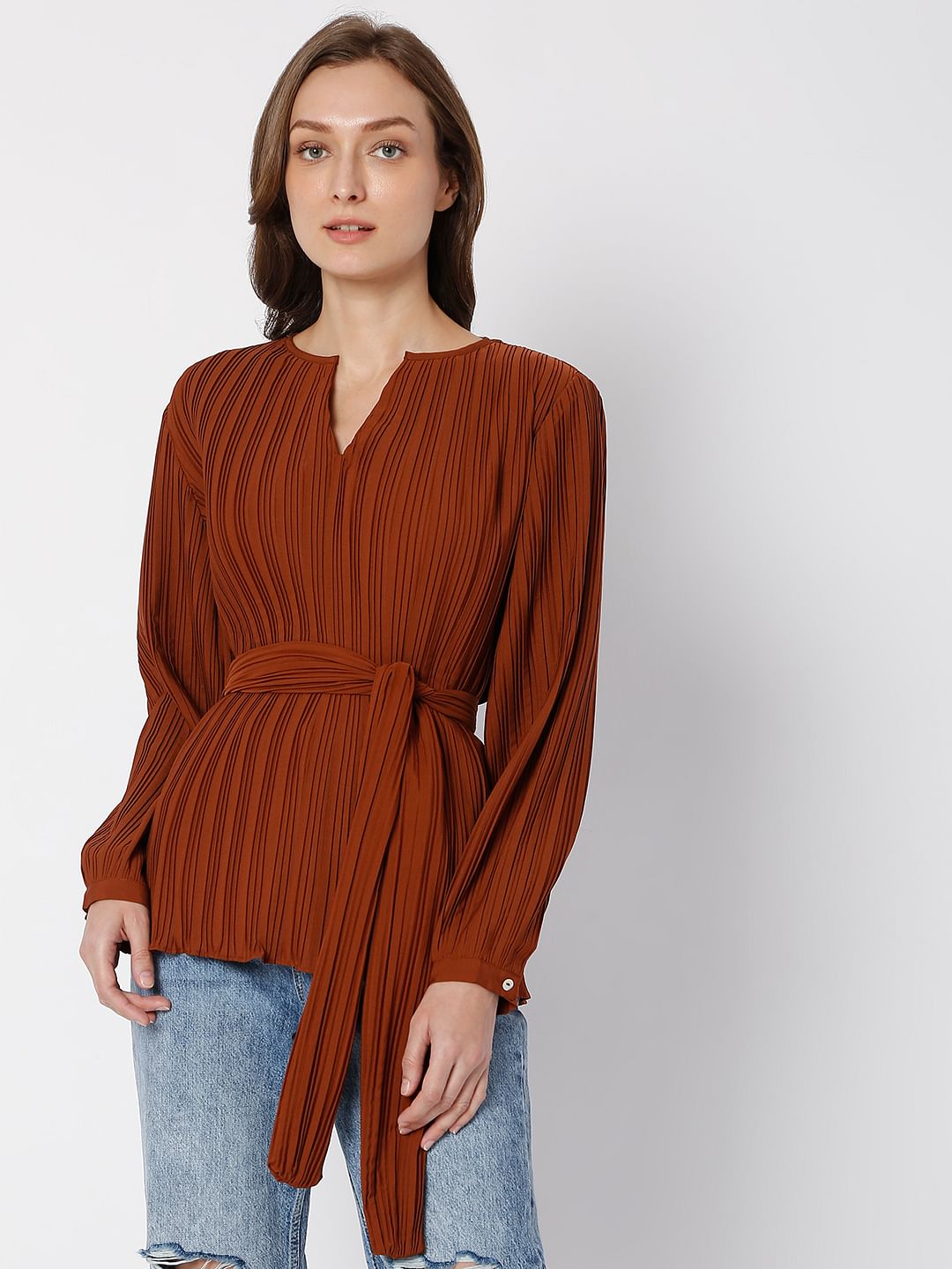 Brown Plisse Top