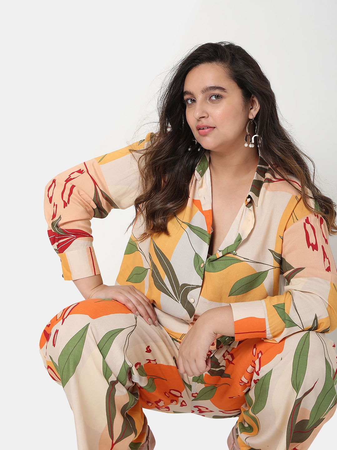 Curve Brown Printed Co-Ord Set Shirt