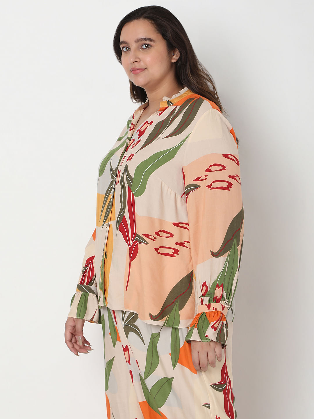 Curve Beige Co-Ord Set Floral Top