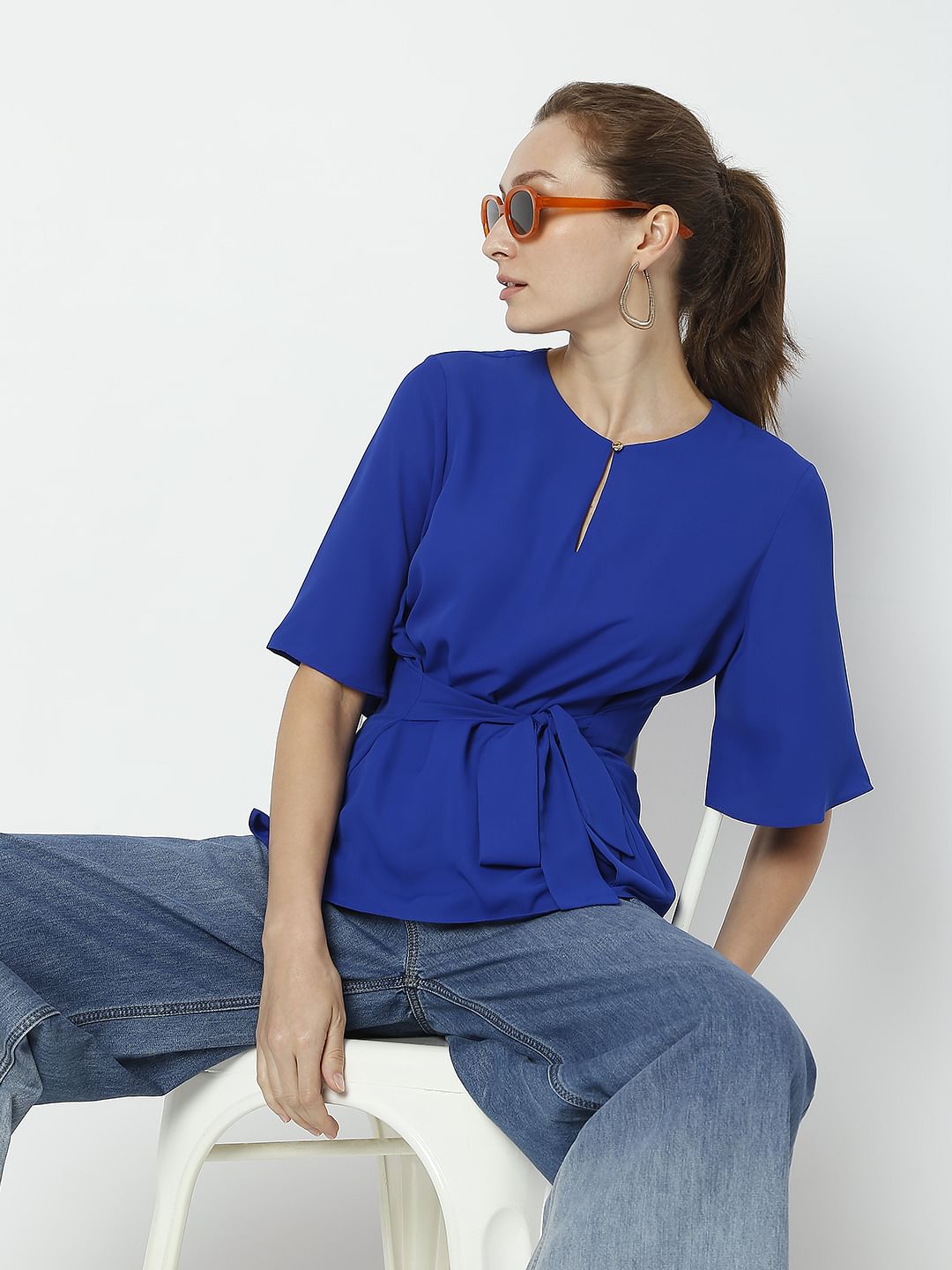Blue Flared Sleeves Top