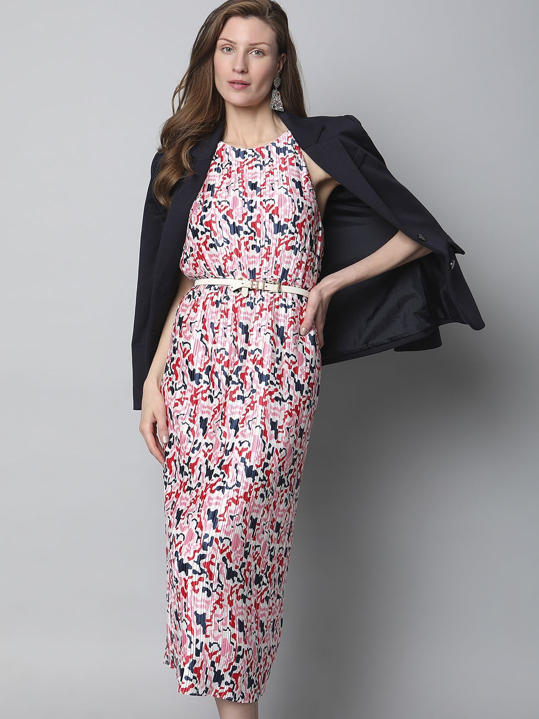 White Pleated Printed Midi Dress