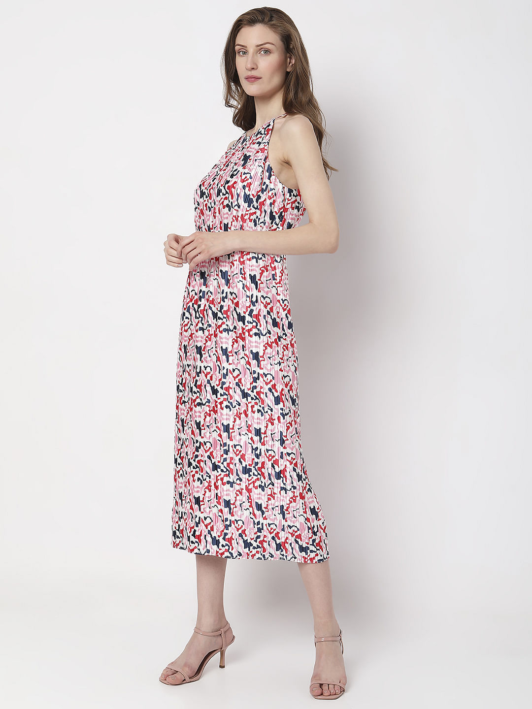 White Pleated Printed Midi Dress