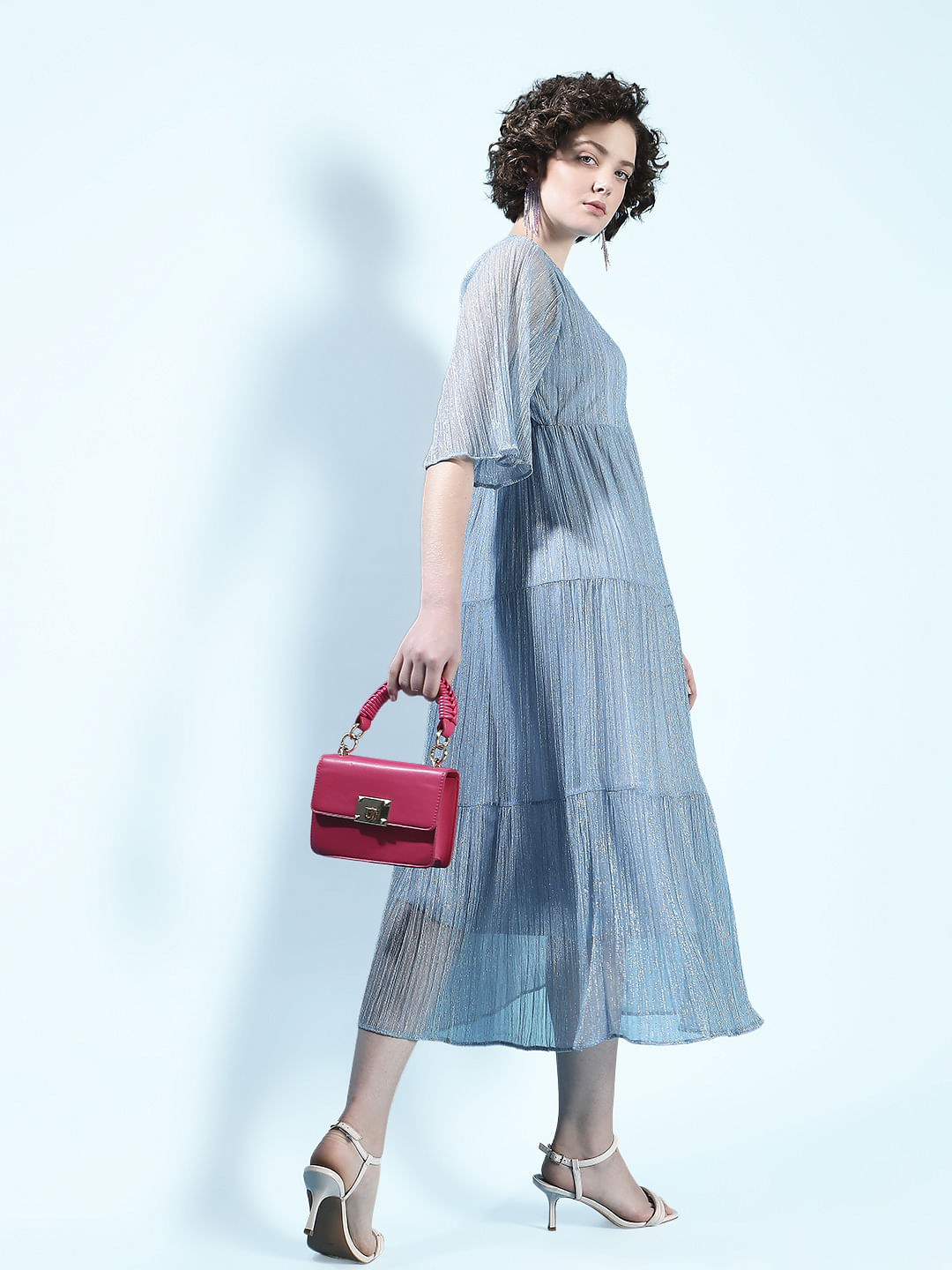 Blue Lurex Tiered Dress