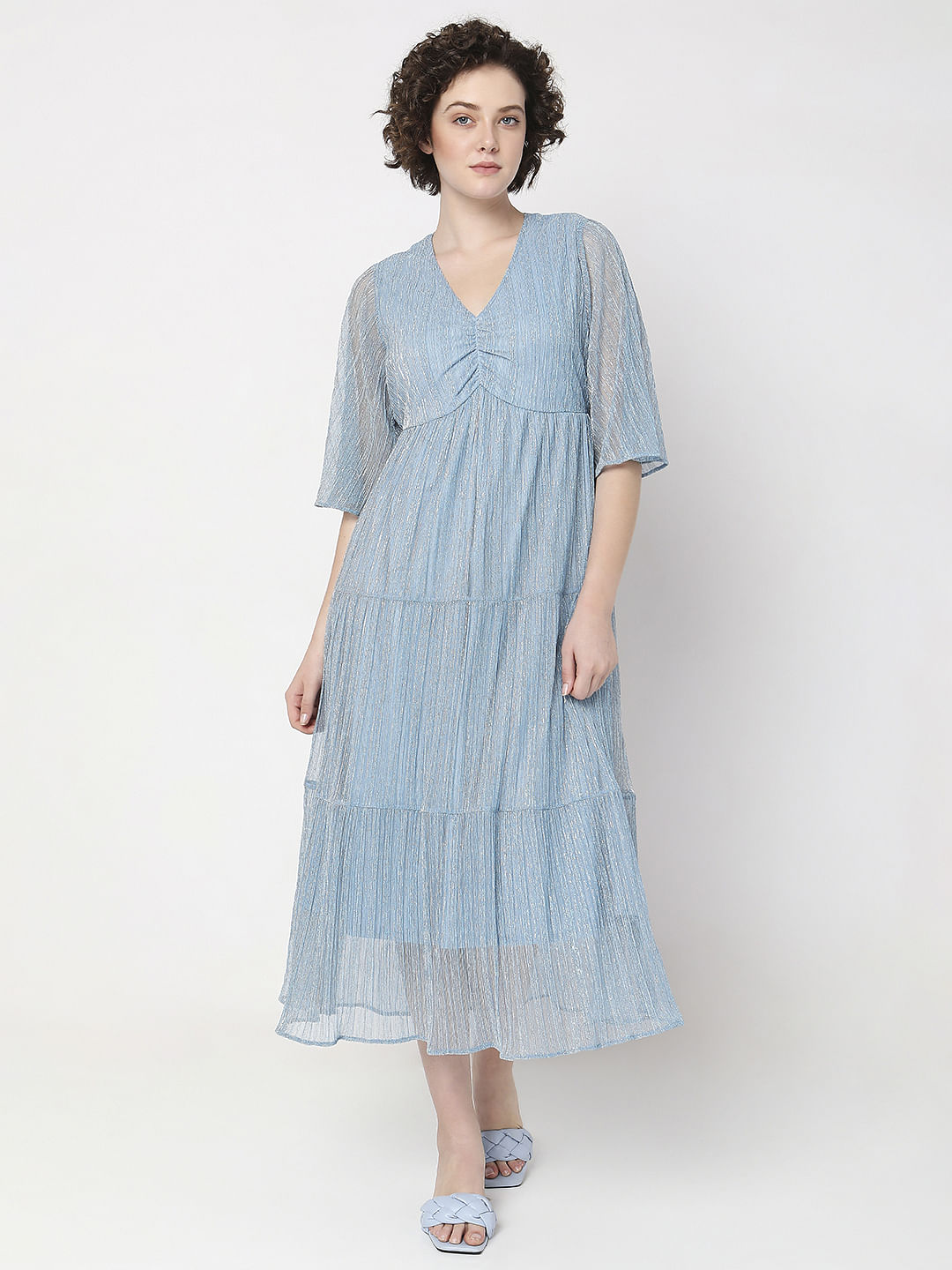 Blue Lurex Tiered Dress