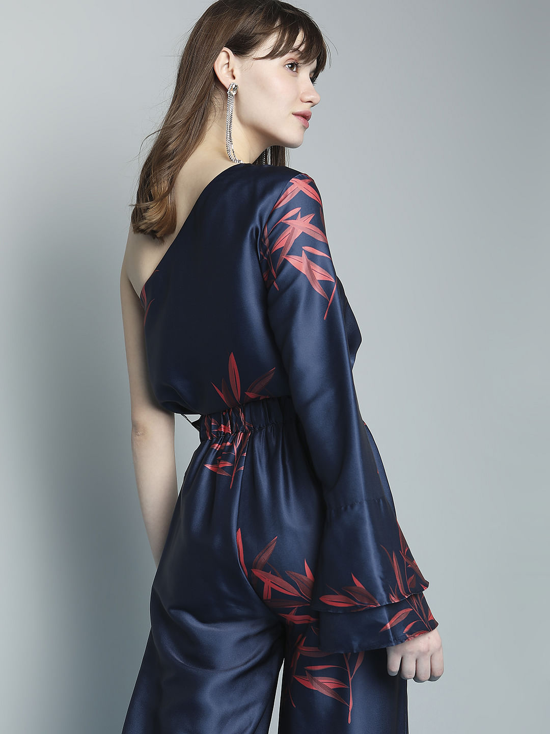 Navy Blue Printed One-Shoulder Co-Ord Set Top