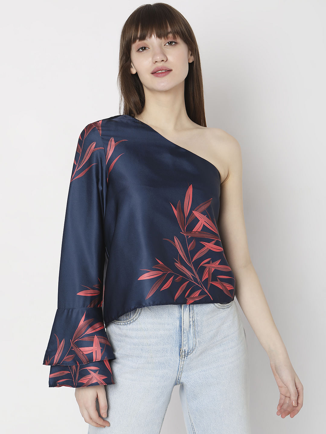 Navy Blue Printed One-Shoulder Co-Ord Set Top