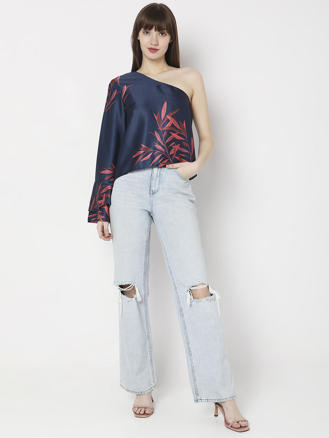 Navy Blue Printed One-Shoulder Co-Ord Set Top