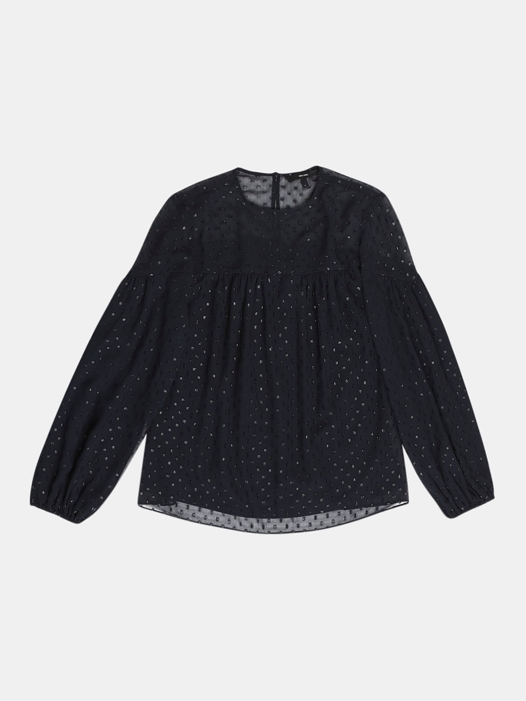 Navy Blue Textured Puff Sleeves Top